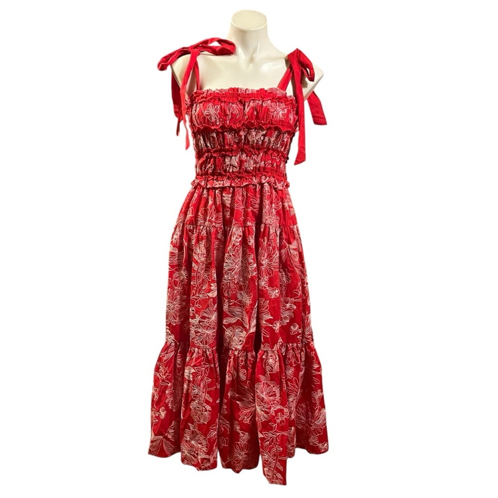 En Saison Magdalen Red and White Floral Embroidered Midi Dress Small